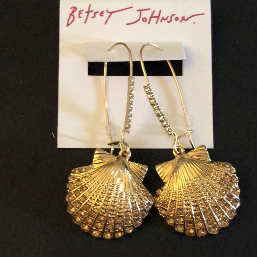 Betsey Johnson Mermaid Jewels Gold Tone Seashell Drop Earrings Crystal NWT